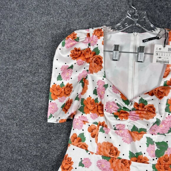 Zara Dress Womens Small White Floral Puff Sleeve Fit Flare Spring NEW NWT - Picture 3 of 12
